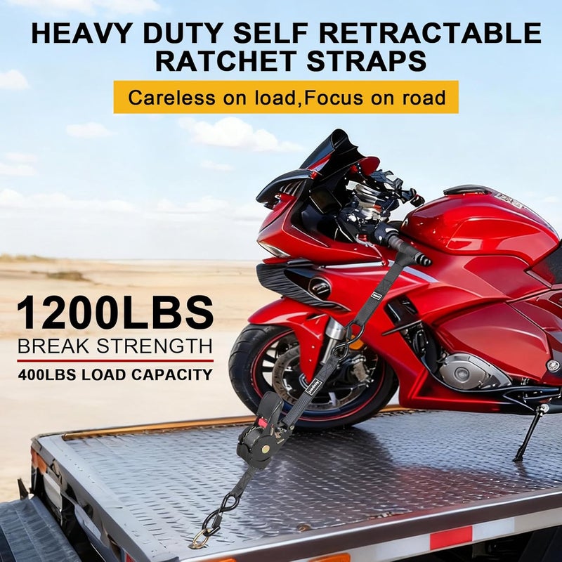Ayaport Retractable Ratchet Straps 1in x 12.5ft – Heavy Duty 1200lbs Break Strength Ratchet Straps Self Retractable Tie Down with S Hooks for Motorcycles, Dirt Bikes, Atvs, Trucks, Cargo, Trailers - Image 4